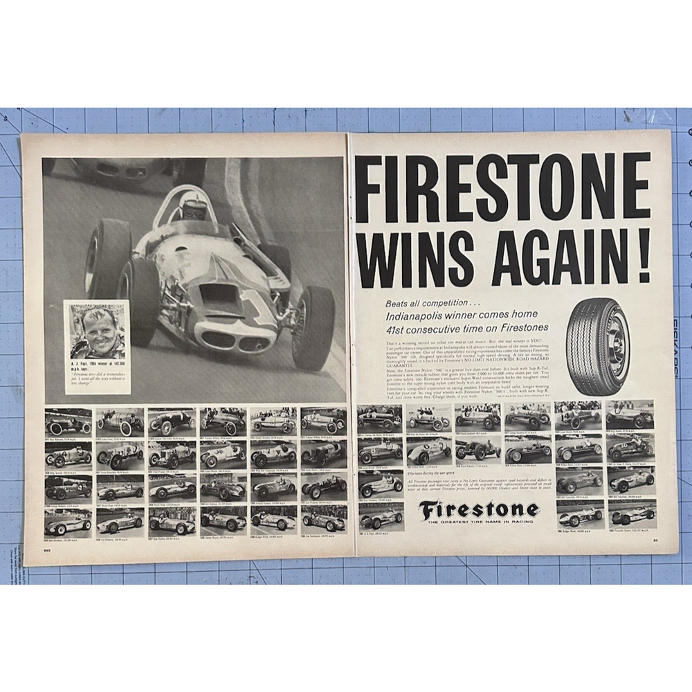 1964 Print Ad A.J. Foyt Indianapolis 500 Winner Original 2-Page Firestone Ad